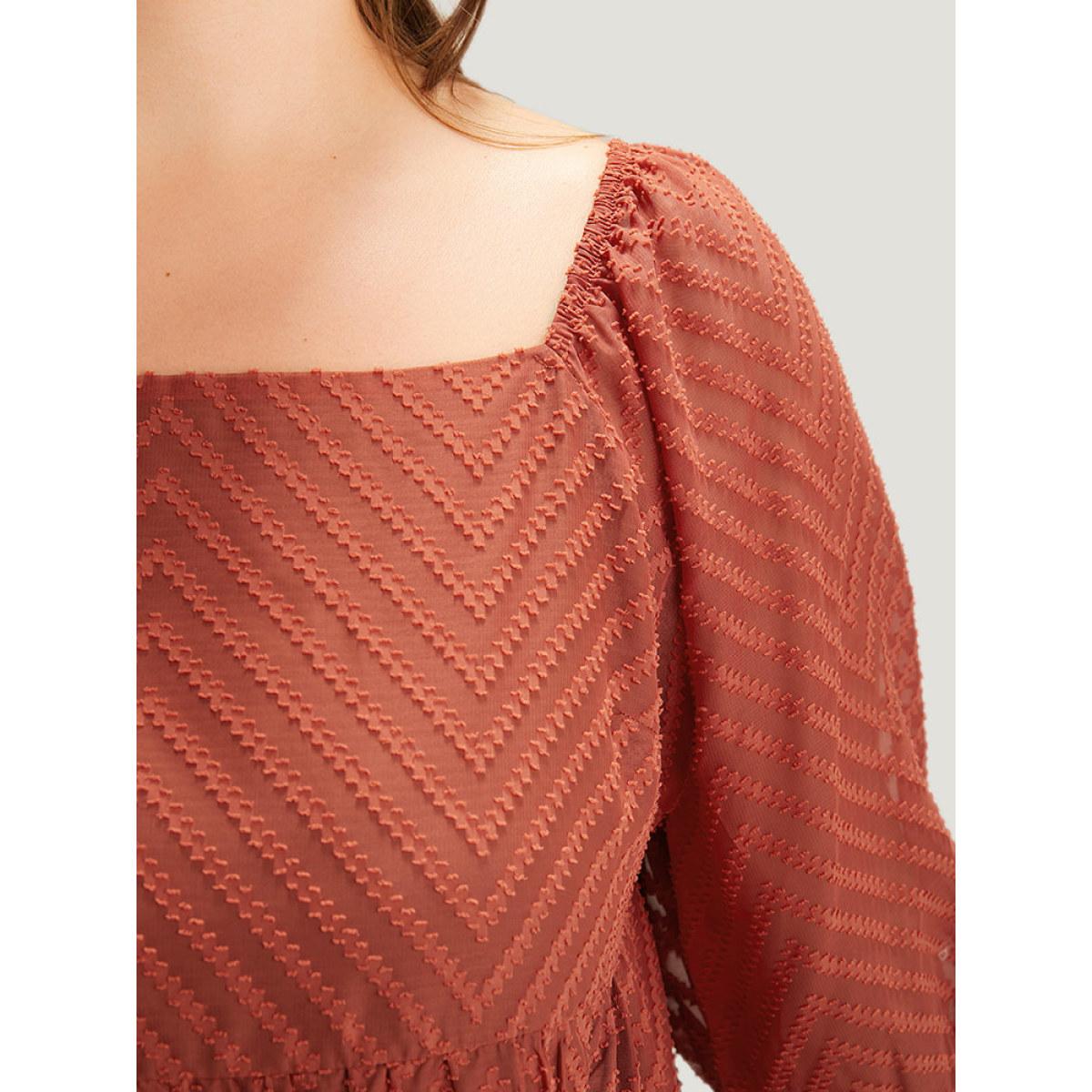 Plus Size Plisse Solid Square Neck Lantern Sleeve Dress Rust Women Office Lined Square Neck Half Sleeve Curvy Midi Dress BloomChic 18-20/2X Product Image