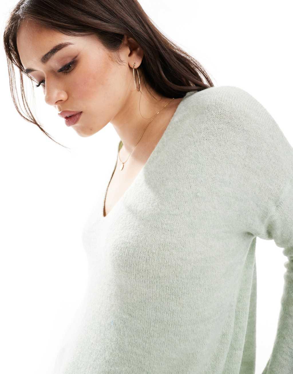 JDY v neck long sleeve knit sweater in light green Product Image