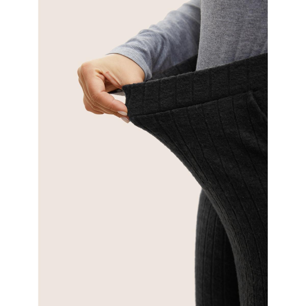 Plus Size Rib Knit Texture Elastic Waist Flare Leg Pants Women Black Work From Home Flare Leg High Rise Work Pants BloomChic 22-24/3X Product Image