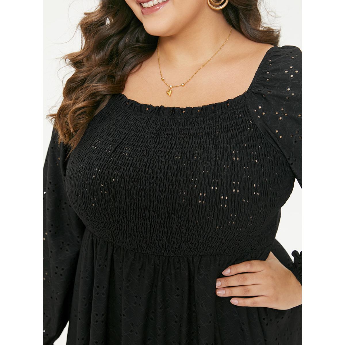 Plus Size Plain Square Neck Laser Cut Lantern Sleeve Dress Black Women Elegant Elastic cuffs Square Neck Long Sleeve Curvy Midi Dress BloomChic 12/L Product Image