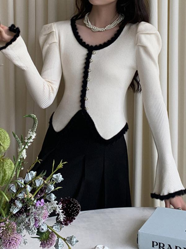 Contrast Color Scallop Trim Puff Sleeve Cardigan Product Image