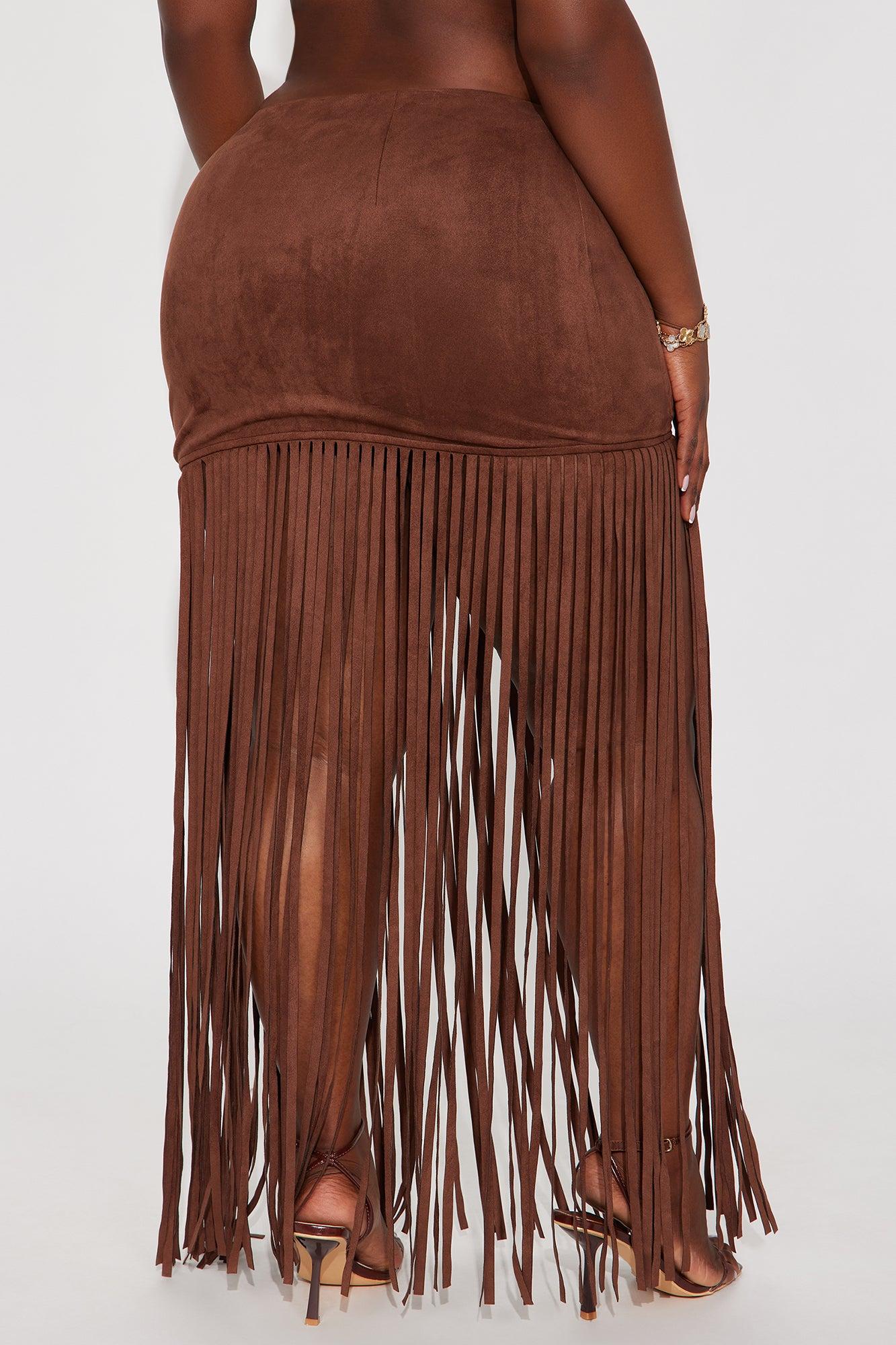 On The Fringe Faux Suede Maxi Skirt - Brown Female Product Image