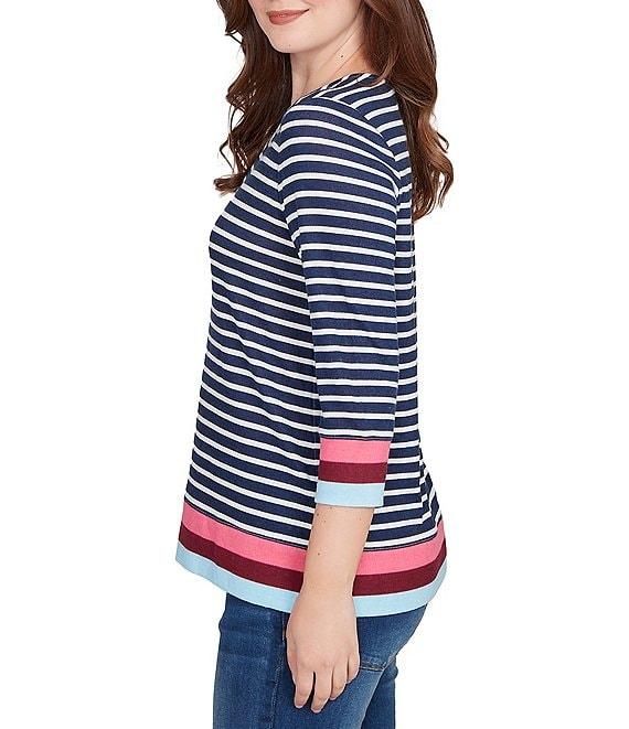 Ruby Rd. Petite Size Knit Stripe Square Neck 3/4 Sleeve Side Slit Top Product Image