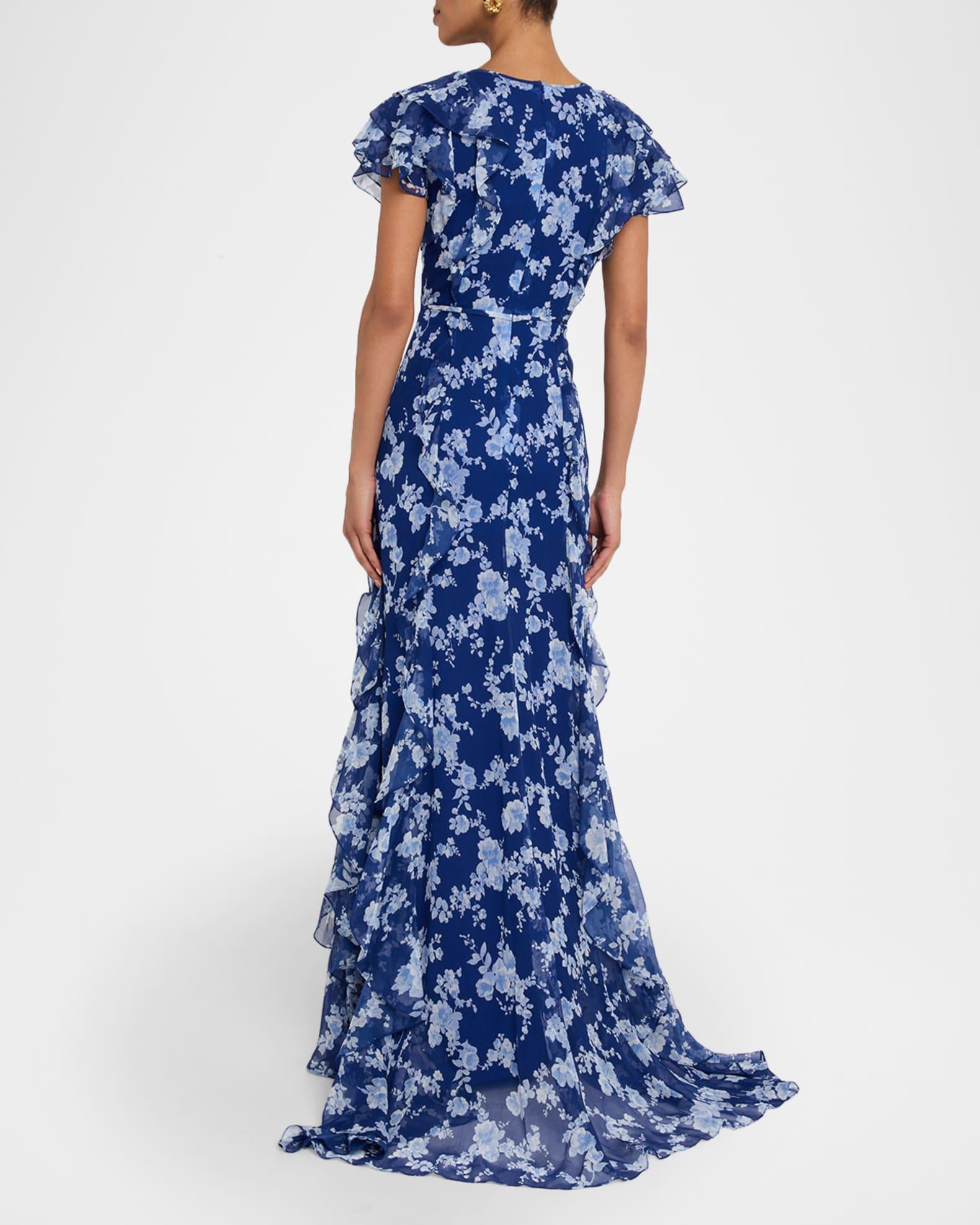 Plunging Ruffle Short-Sleeve Silk Gown Product Image