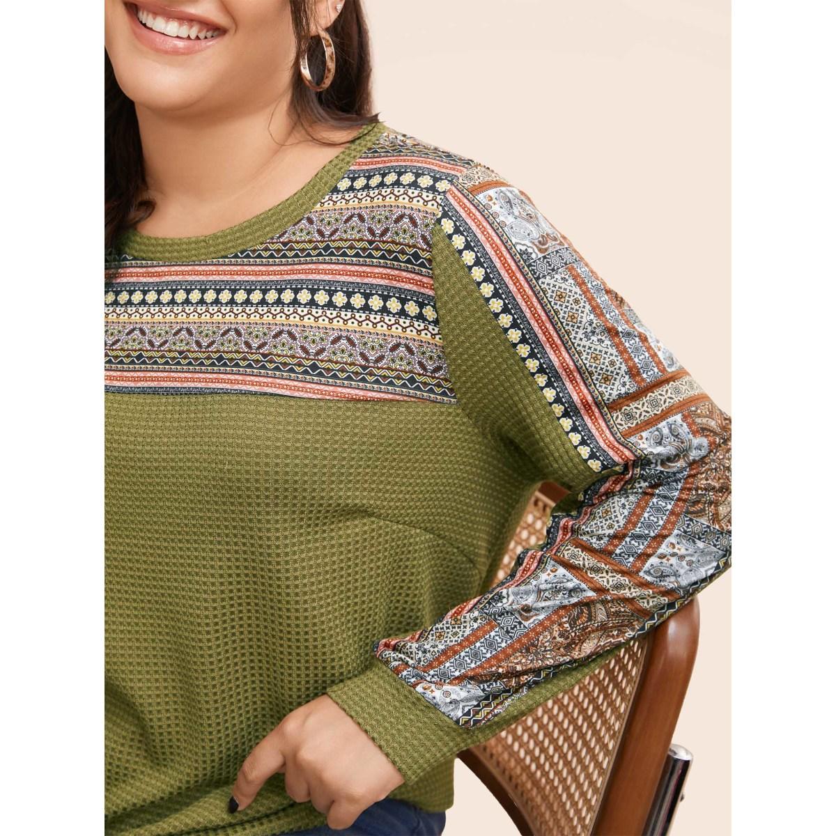 Plus Size Boho Print Patchwork Waffle Knit Crew Neck Sweatshirt Women ArmyGreen Leisure Elastic cuffs Round Neck Casual Sweatshirts BloomChic 22-24/3X Product Image