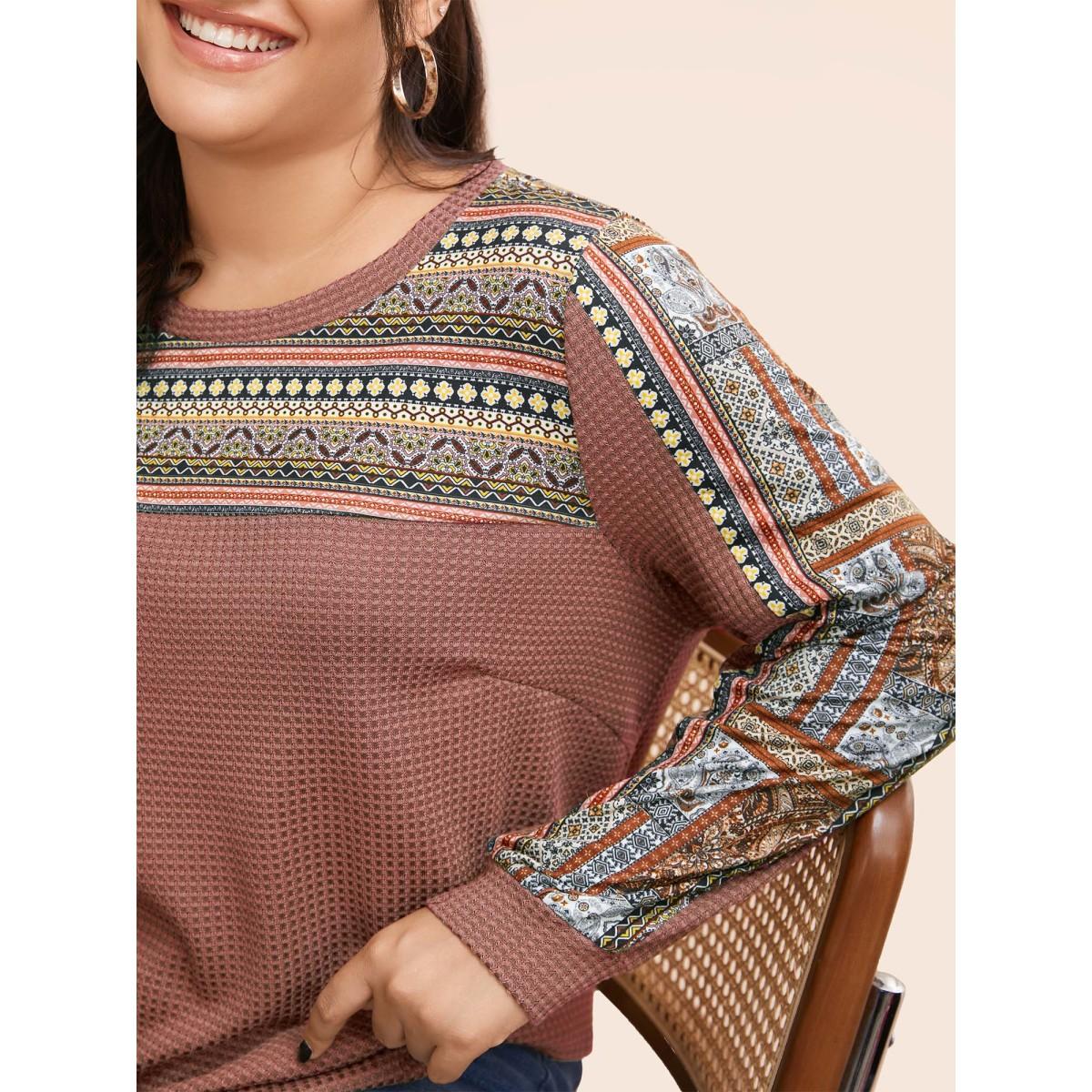 Plus Size Boho Print Patchwork Waffle Knit Crew Neck Sweatshirt Women DustyPink Leisure Elastic cuffs Round Neck Casual Sweatshirts BloomChic 30/6X Product Image