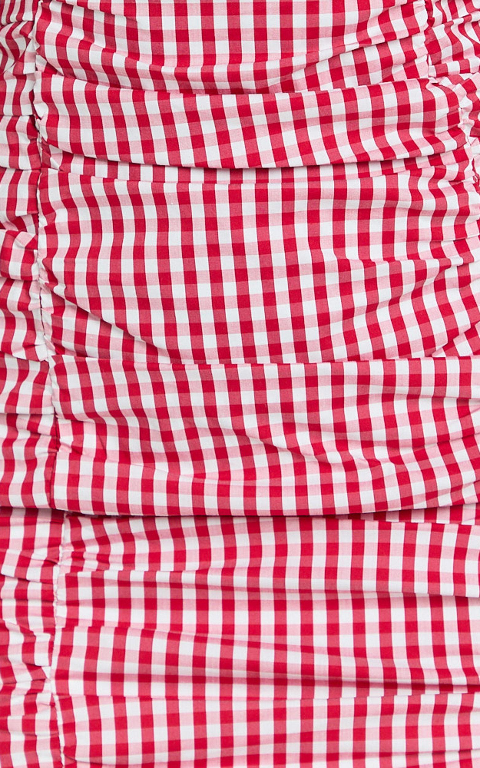 Becker Mini Dress - Strappy Bustier Ruched Bodycon Dress in Red Gingham Product Image
