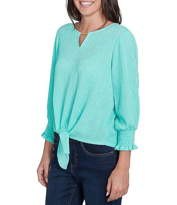 Ruby Rd. Petite Size Knit Crinkle Keyhole Neck Bar 3/4 Sleeve Tie-Front Top Product Image