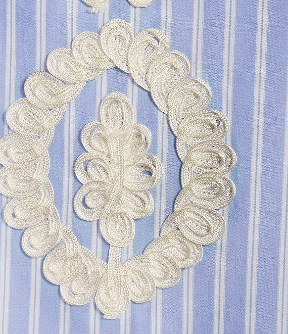 Calessa Petite Size Embroidered Patchwork Pinstripe Split V-Neck 3/4 Sleeve Tunic Product Image