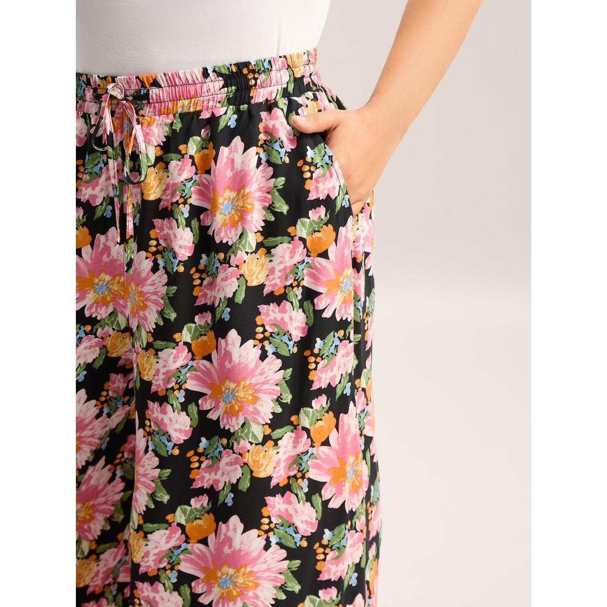 Plus Size Rayon Blushing Floral Print Wide-Leg Pants Women BlackFlower Casual Wide Leg Mid Rise Everyday-Casual Pants BloomChic 14-16/1X Product Image