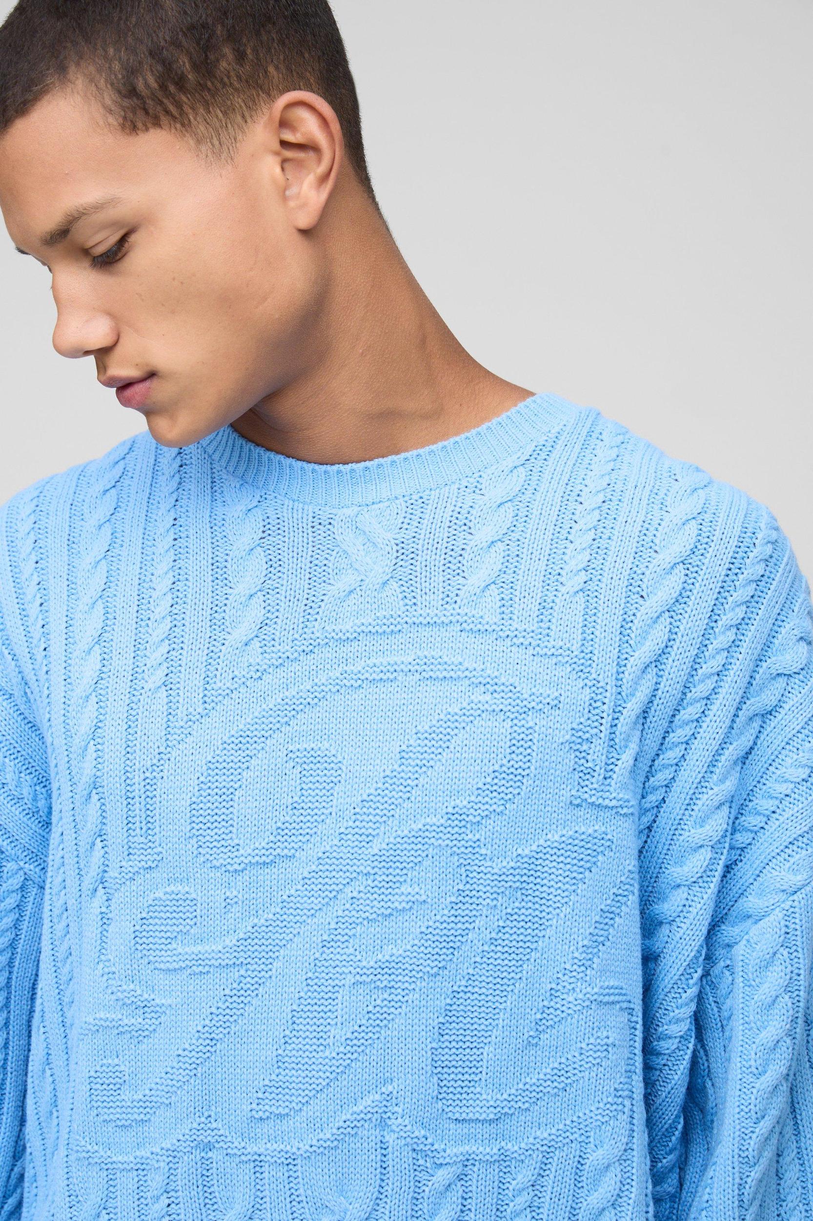 Oversized Cable Knit BM Crew Neck Knit Sweater | boohooMAN USA Product Image