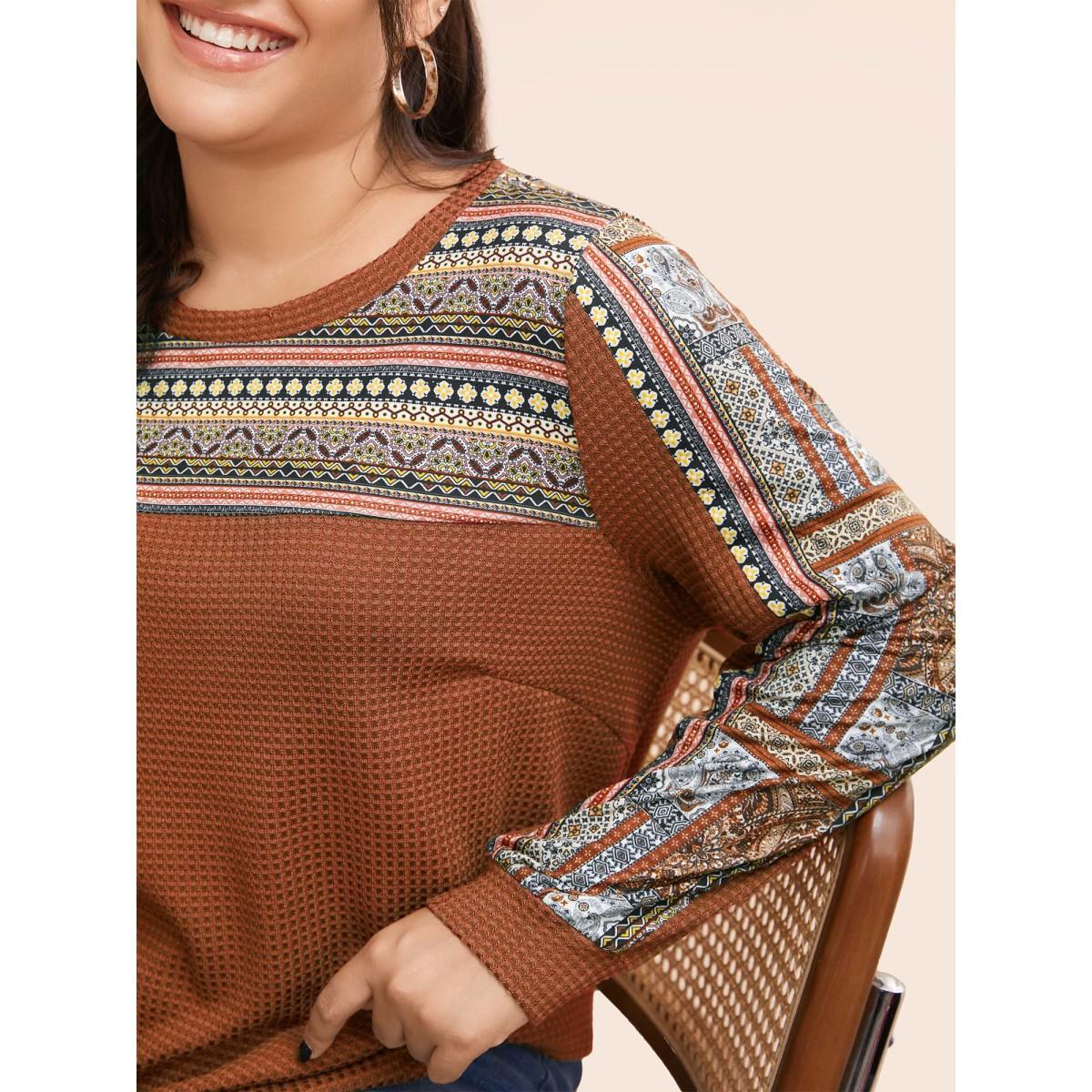 Plus Size Boho Print Patchwork Waffle Knit Crew Neck Sweatshirt Women Brown Leisure Elastic cuffs Round Neck Casual Sweatshirts BloomChic 14-16/1X Product Image