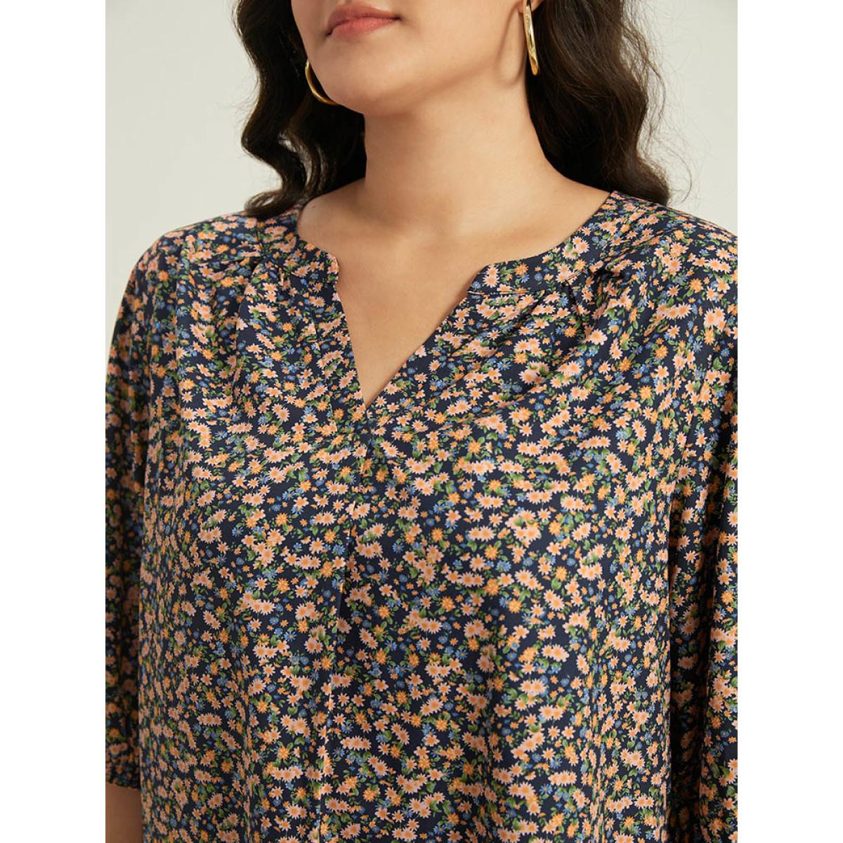 Plus Size Multicolor Ditsy Floral Notched Elastic Cuffs Blouse Women Elegant Elbow-length sleeve V-neck Dailywear Blouses BloomChic 12/L Product Image