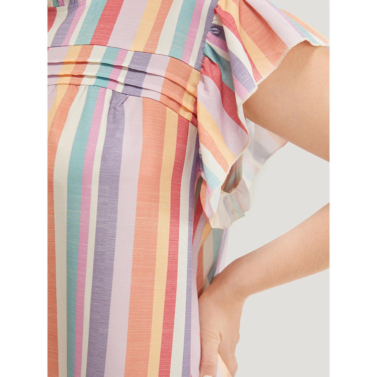 Plus Size Multicolor Striped Contrast Pleated Cap Sleeve Keyhole Frill Trim Blouse Women Vacation Cap Sleeve Mock Neck Dailywear Blouses BloomChic 22-24/3X Product Image