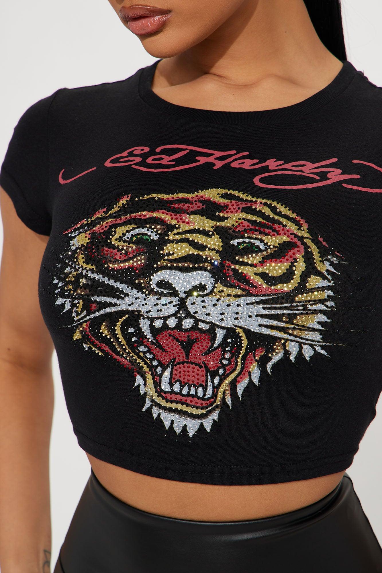 Tiger Heart Ed Hardy Rhinestone Tee - Black Product Image