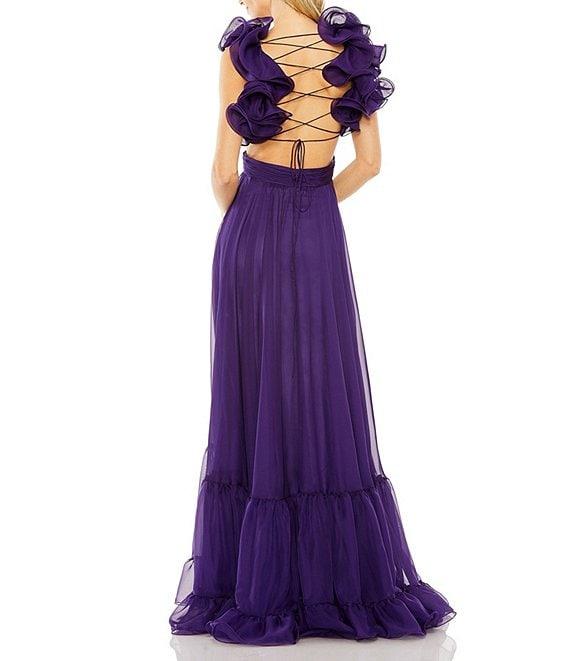 Ieena Mac Duggal Chiffon V-Neck Sleeveless Cut-Out Strappy Back Detail Tiered Ruffle Hem Gown Product Image