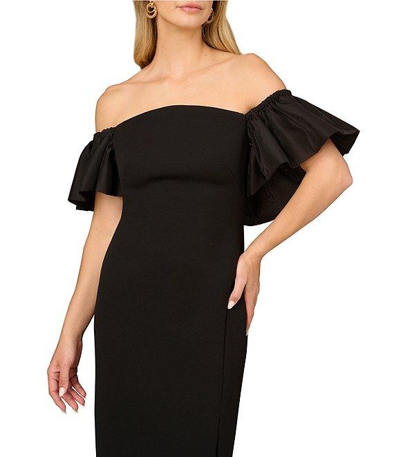 Aidan Mattox Crepe Off-the-Shoulder Neck Ruffle Sleeve Side Slit Dress Product Image