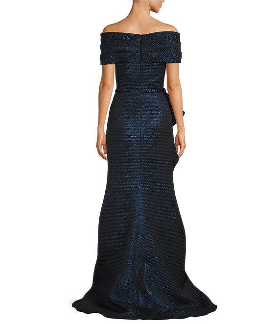 Terani Couture Off-The-Shoulder Ruffle Front Metallic Jacquard Mermaid Gown Product Image