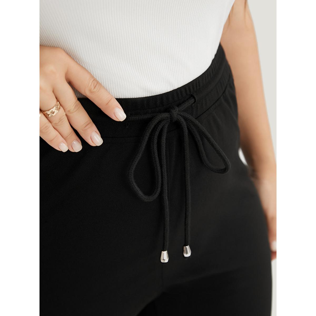 Plus Size Drawstring Elastic Waist Pocket Skinny Leggings Women Black Elegant High stretch Skinny Mid Rise Dailywear Leggings BloomChic 12/L Product Image