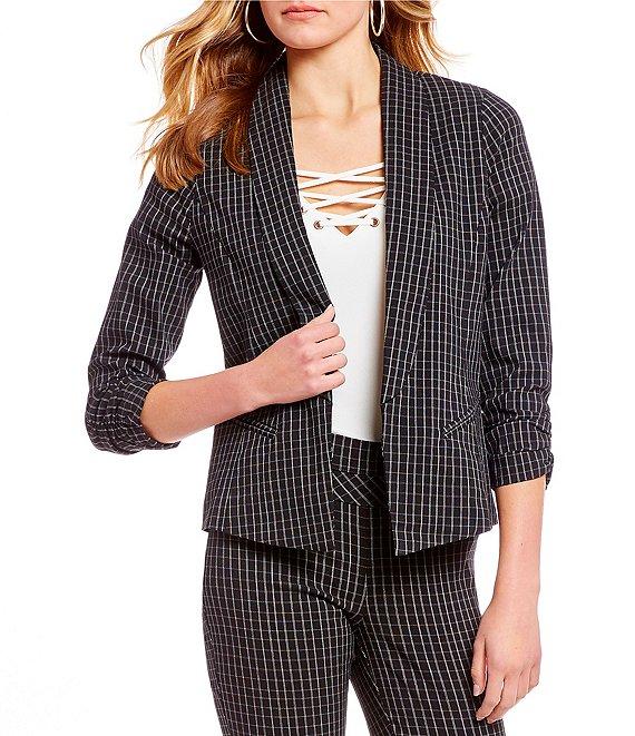 Takara Ruched-Sleeve Checkered Print Suit Blazer Product Image