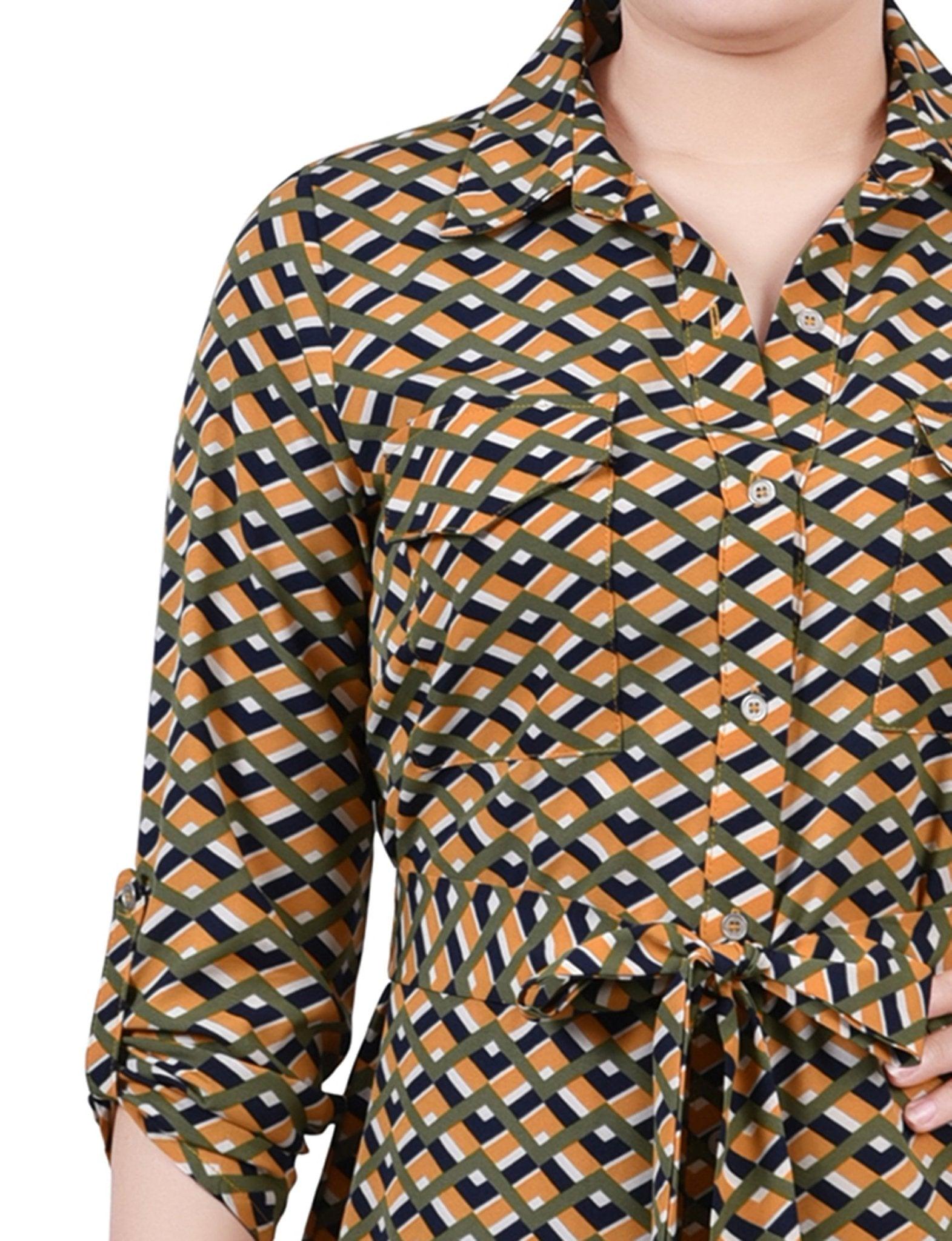 Cypress Inca Gold Navy Zigzag 3/4 Roll Tab Sleeve Belted Shirtdress - Petite Product Image