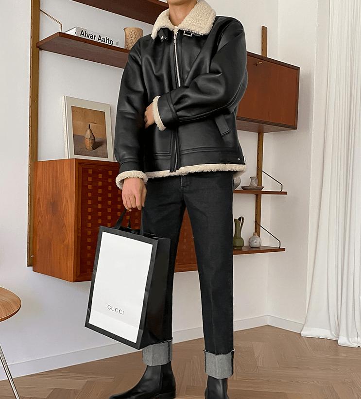 RT No. 2798 BLACK FLEECE COLLAR LEATHER JK Product Image