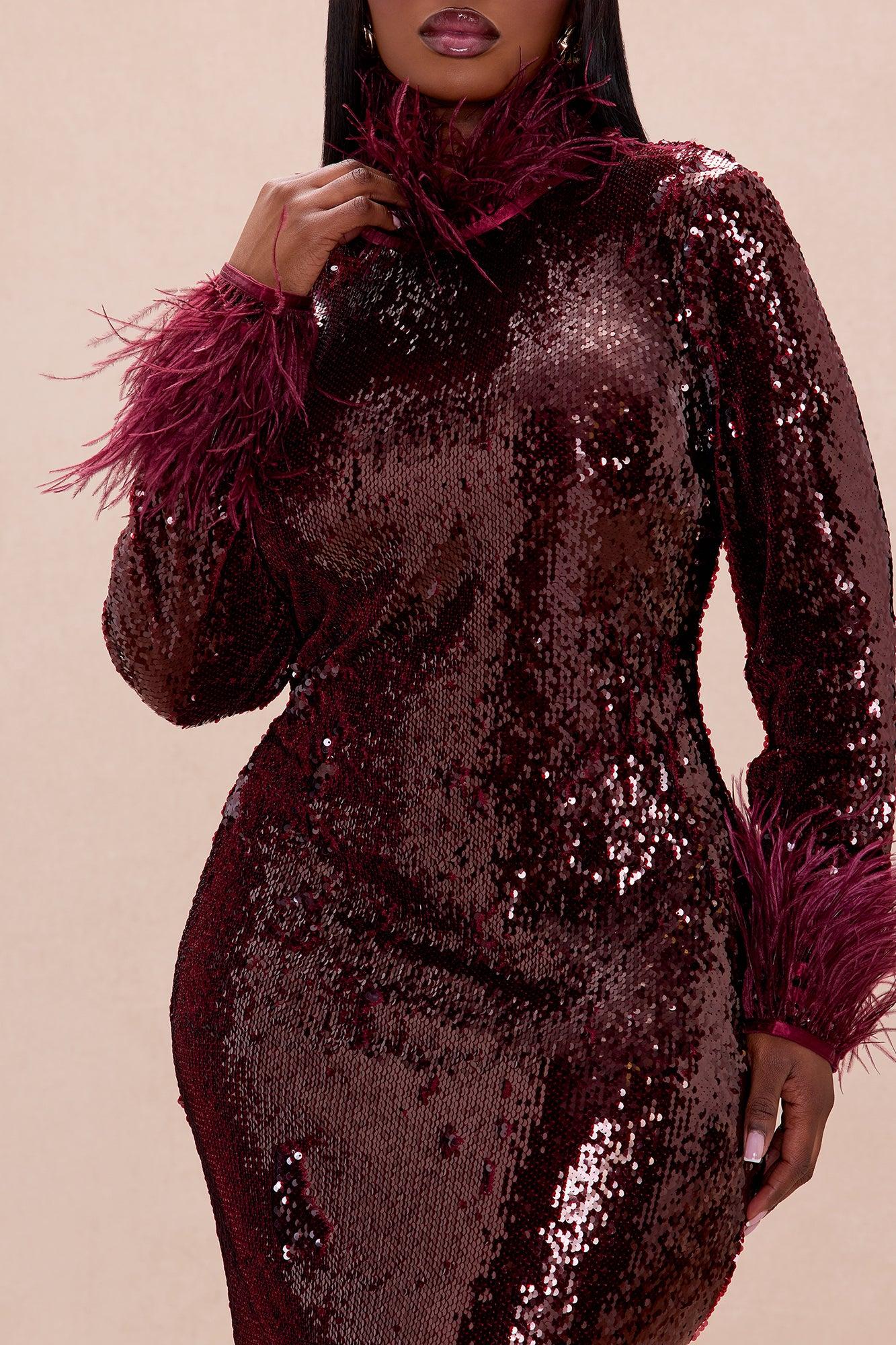 Robyn Sequin Feathered Maxi Dress - Burgundy Female Product Image