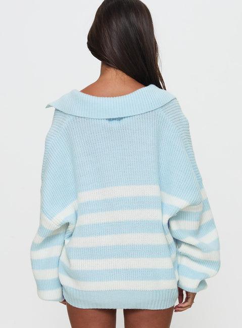 Carolena Long Sleeve Collared Knit Sweater Blue / White Stripe Product Image
