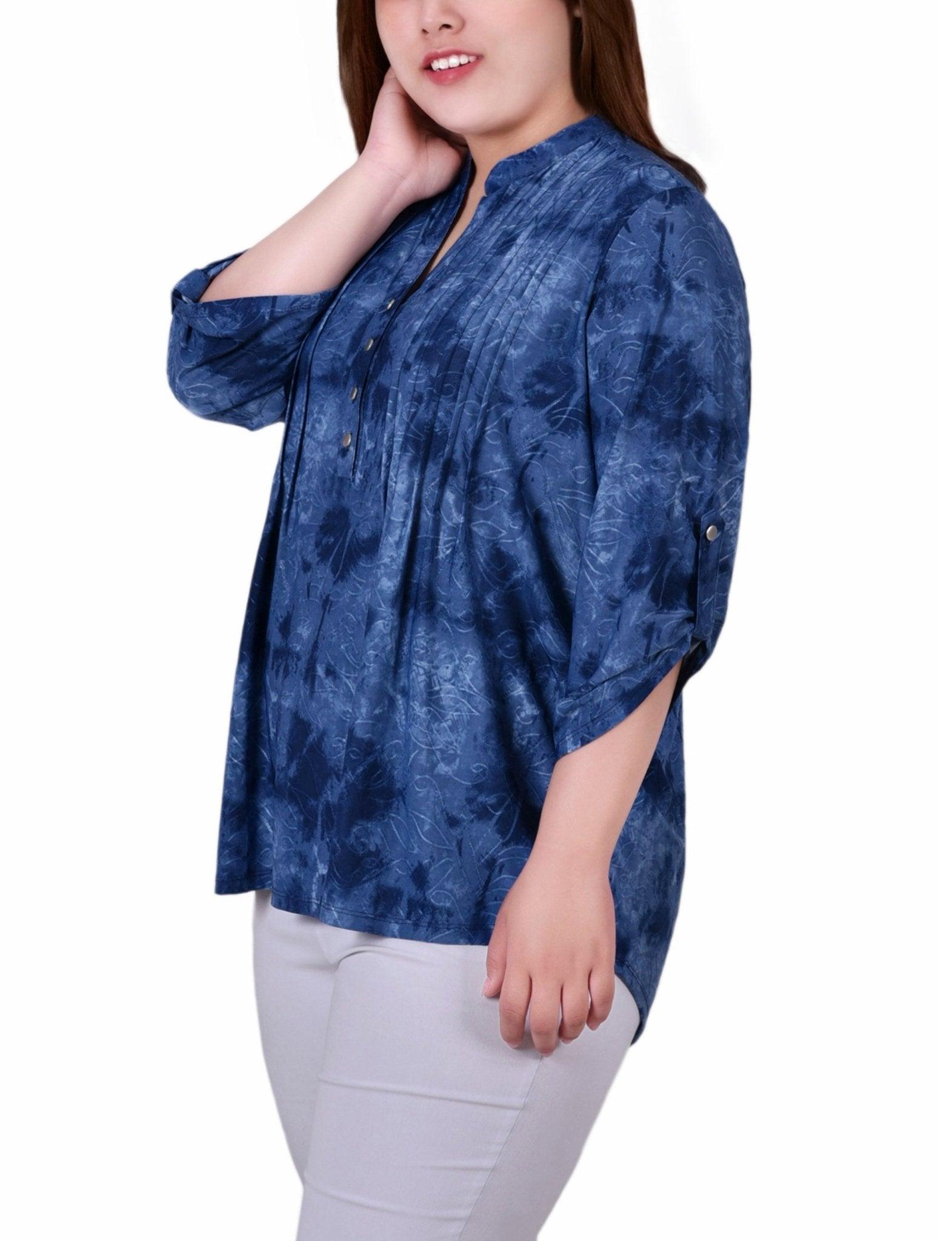 Denim Tie Dye 3/4 Sleeve Roll Tab Y Neck Top - Plus Product Image