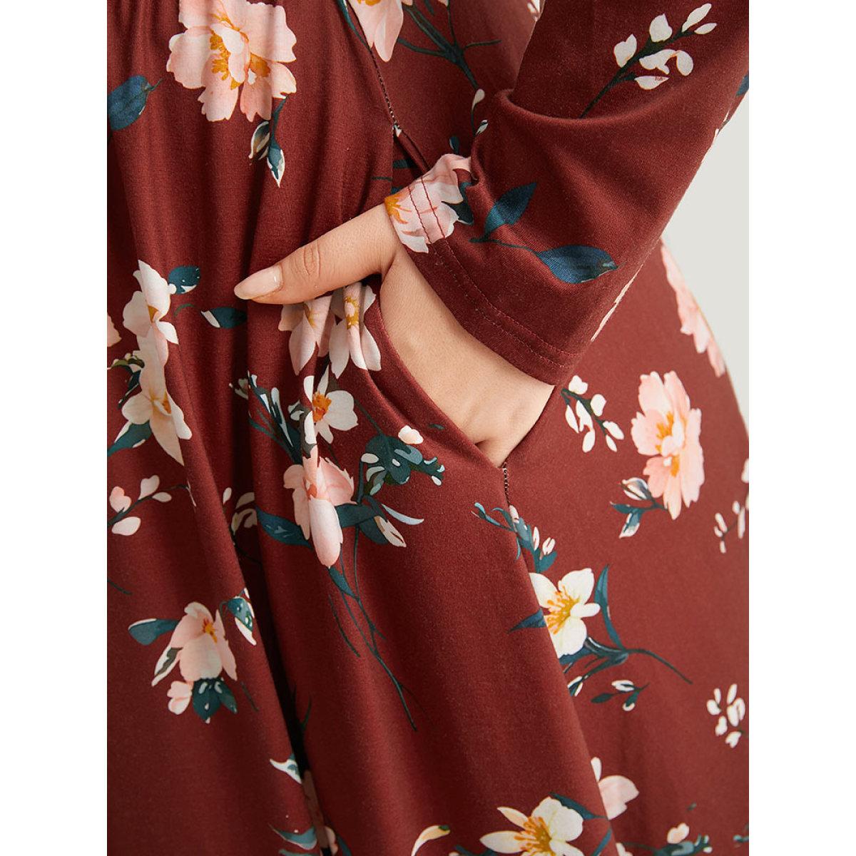 Plus Size Floral Pocket Ruched Elastic Waist Dress Burgundy Women Casual Gathered V-neck Long Sleeve Curvy Midi Dress BloomChic 28/5X Product Image