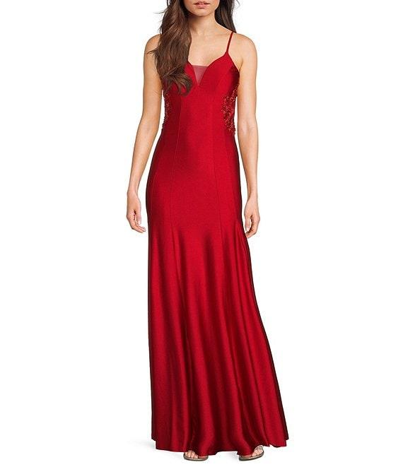 Dear Moon V-Neck Spaghetti Strap Embellished Double Princess Seam Cut Out Back Gown Product Image