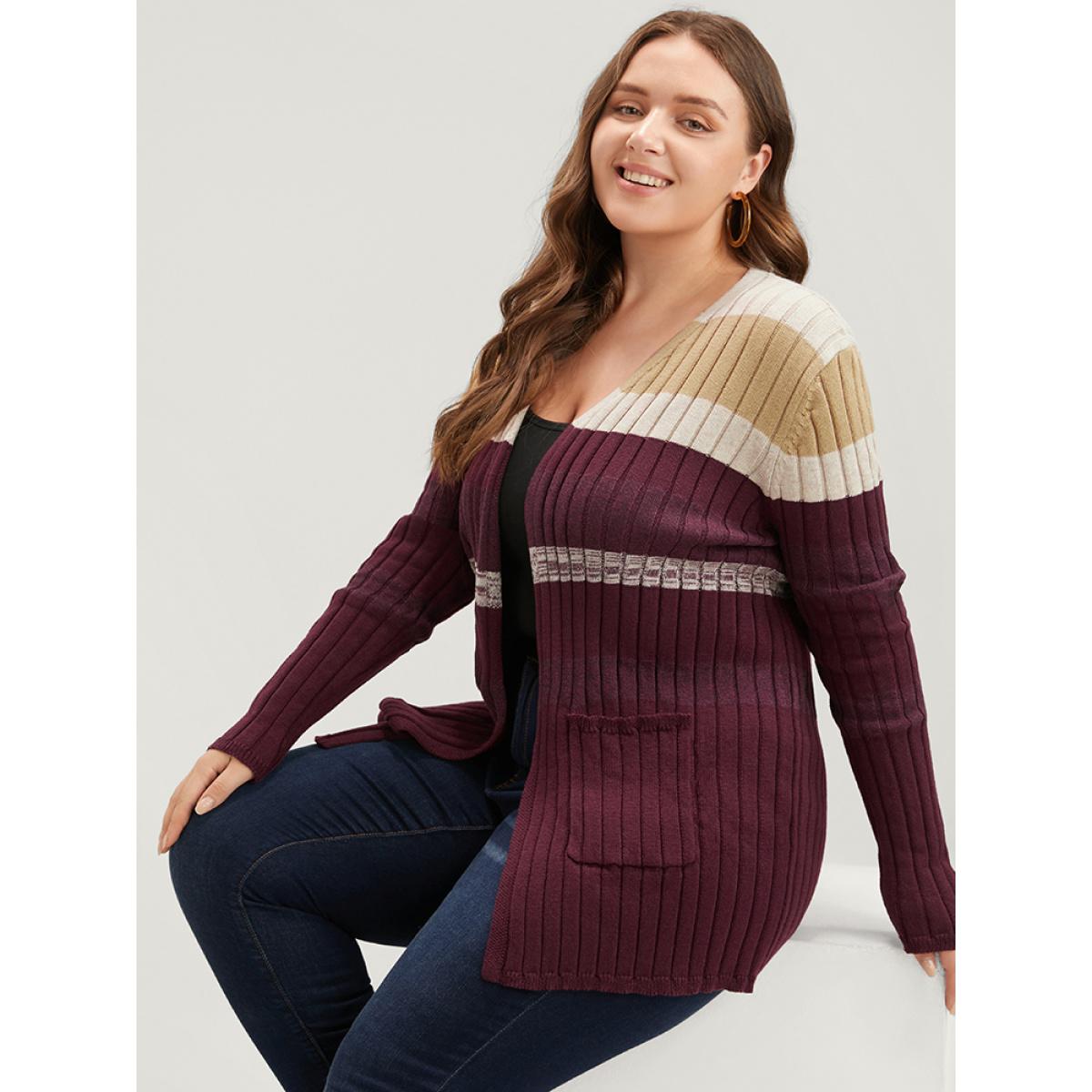 Plus Size Colorblock Contrast Super Soft Rib Knit Pocket Open Front Cardigan Burgundy Women Casual Long Sleeve Dailywear Cardigans BloomChic 30/6X Product Image