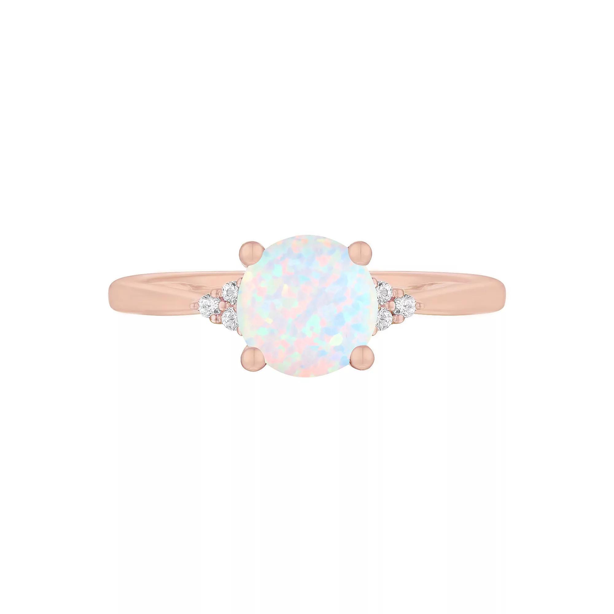 14k Rose Gold Over Silver Lab-Created Opal, Lab-Created White Sapphire Solitaire Ring, Women's, Size: 7 Product Image