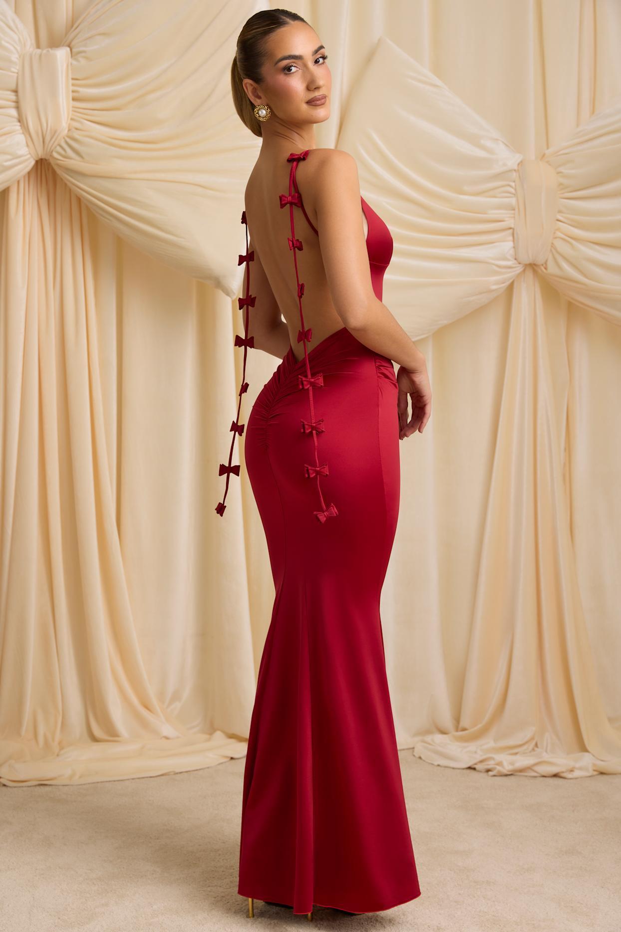Bow-Detail Draped Open-Back Gown in True Red Product Image