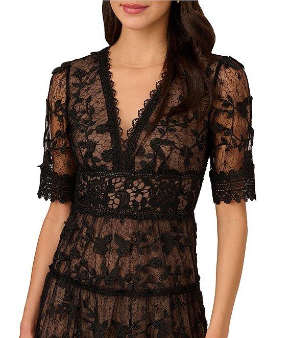Adrianna Papell Floral Lace Embroidery V-Neck Short Sleeve Tiered Mini A-Line Dress Product Image