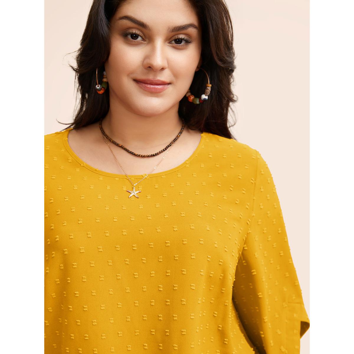 Plus Size Lemonyellow Textured Round Neck Bell Sleeve Blouse Women Elegant Elbow-length sleeve Round Neck Everyday Blouses BloomChic 10/M Product Image
