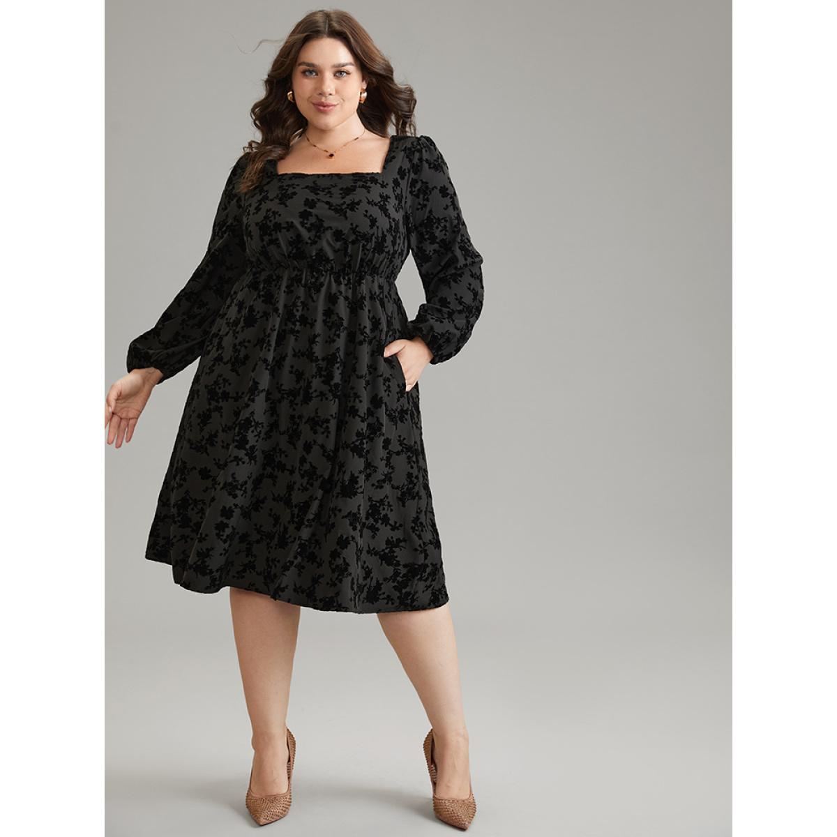 Plus Size Silhouette Floral Print Flocking Square Neck Gathered Dress Black Women Office Elastic cuffs Square Neck Long Sleeve Curvy Midi Dress BloomChic 12/L Product Image