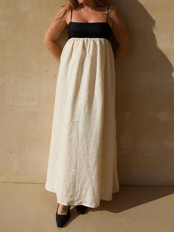 A-Line Loose Contrast Color Pleated Split-Joint Spaghetti-Neck Maxi Dresses Product Image