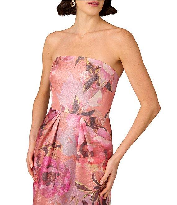Aidan Mattox Strapless Pleated Waist Floral Printed Jacquard Sheath Gown Product Image