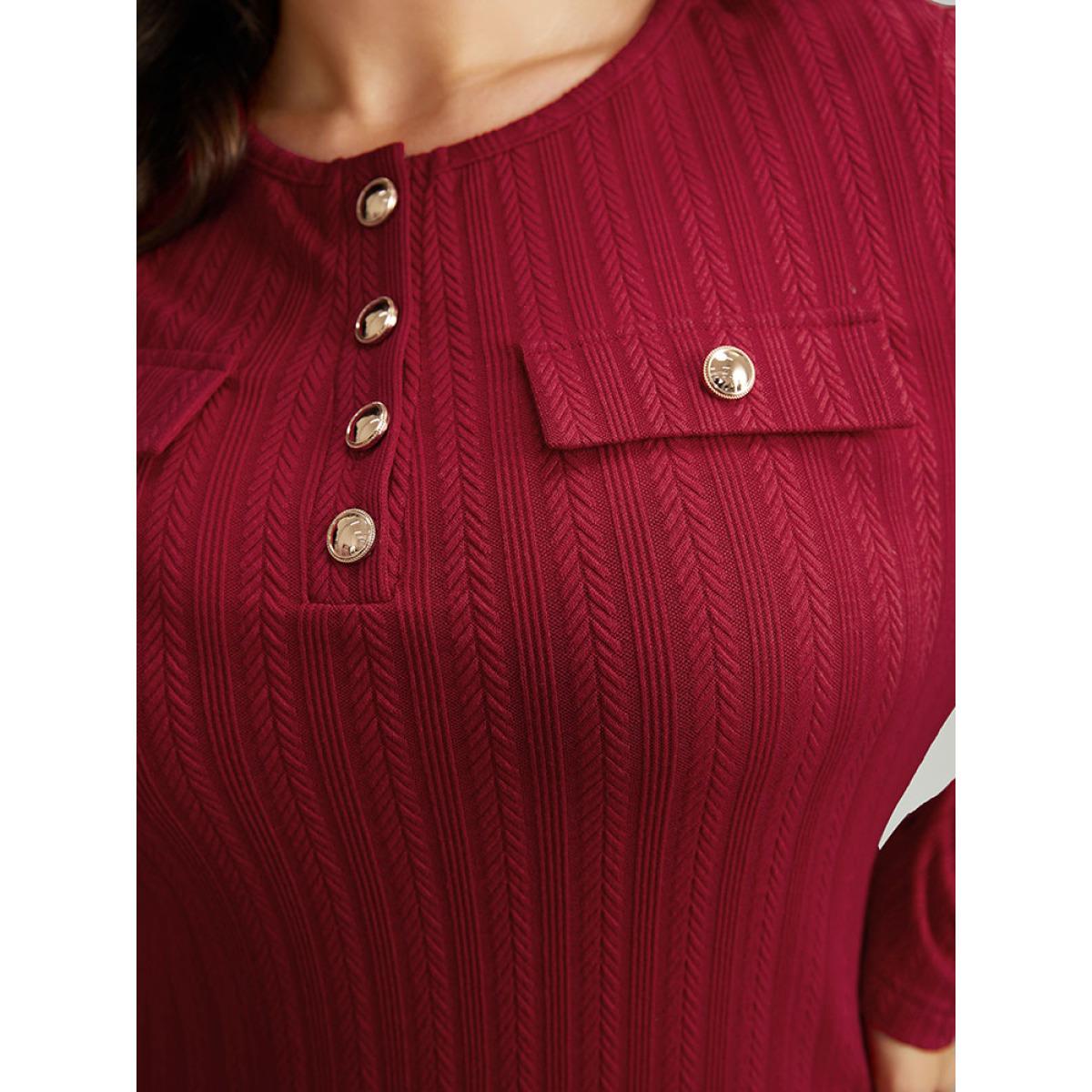 Plus Size Solid Textured Metal Detail Dress Scarlet Women Office Texture Round Neck Long Sleeve Curvy Midi Dress BloomChic 10/M Product Image