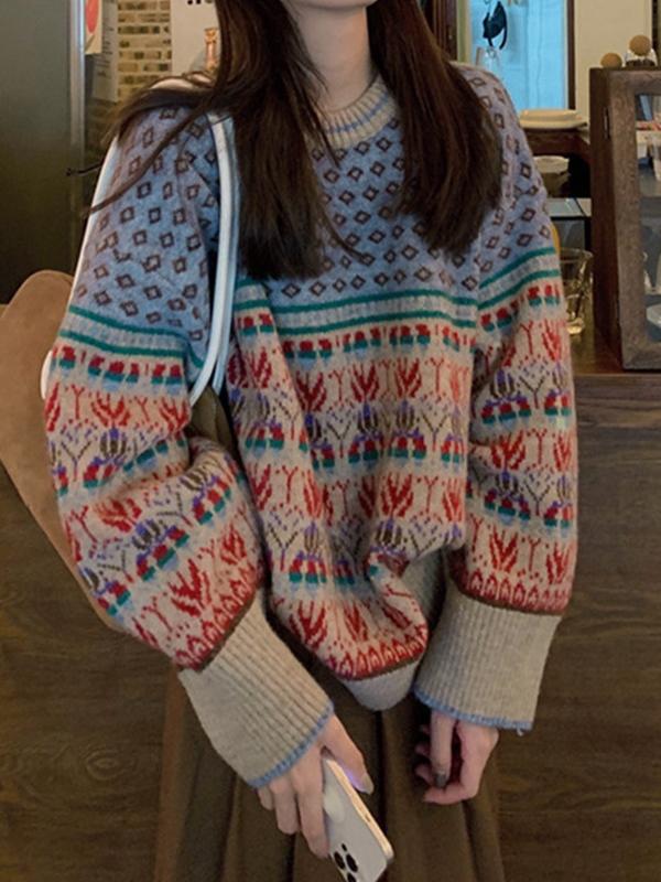 Vintage Jacquard Splice Knit Sweater Product Image