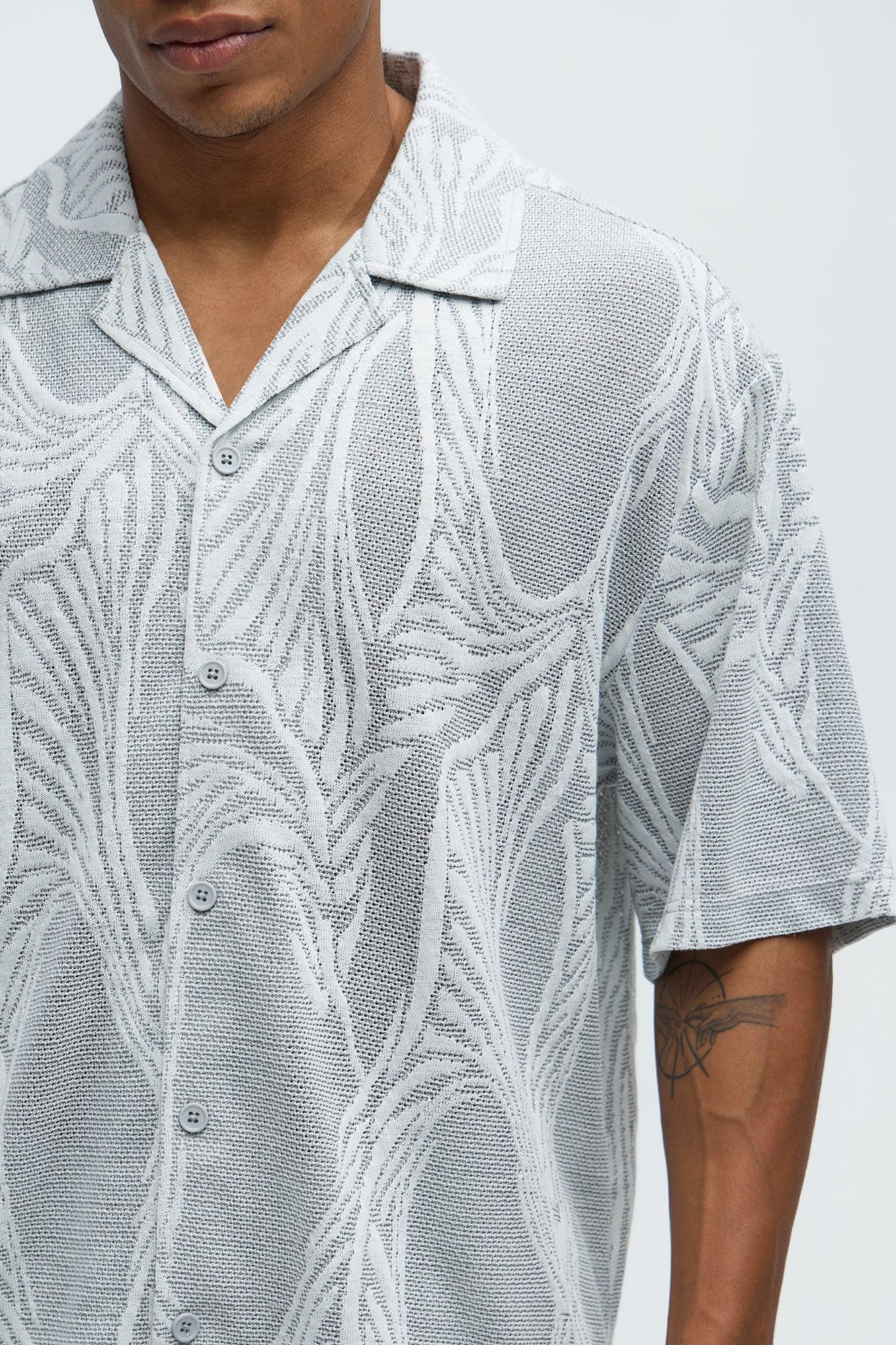 Leaf Patterned Knit Button Up Shirt - Grey/combo Product Image