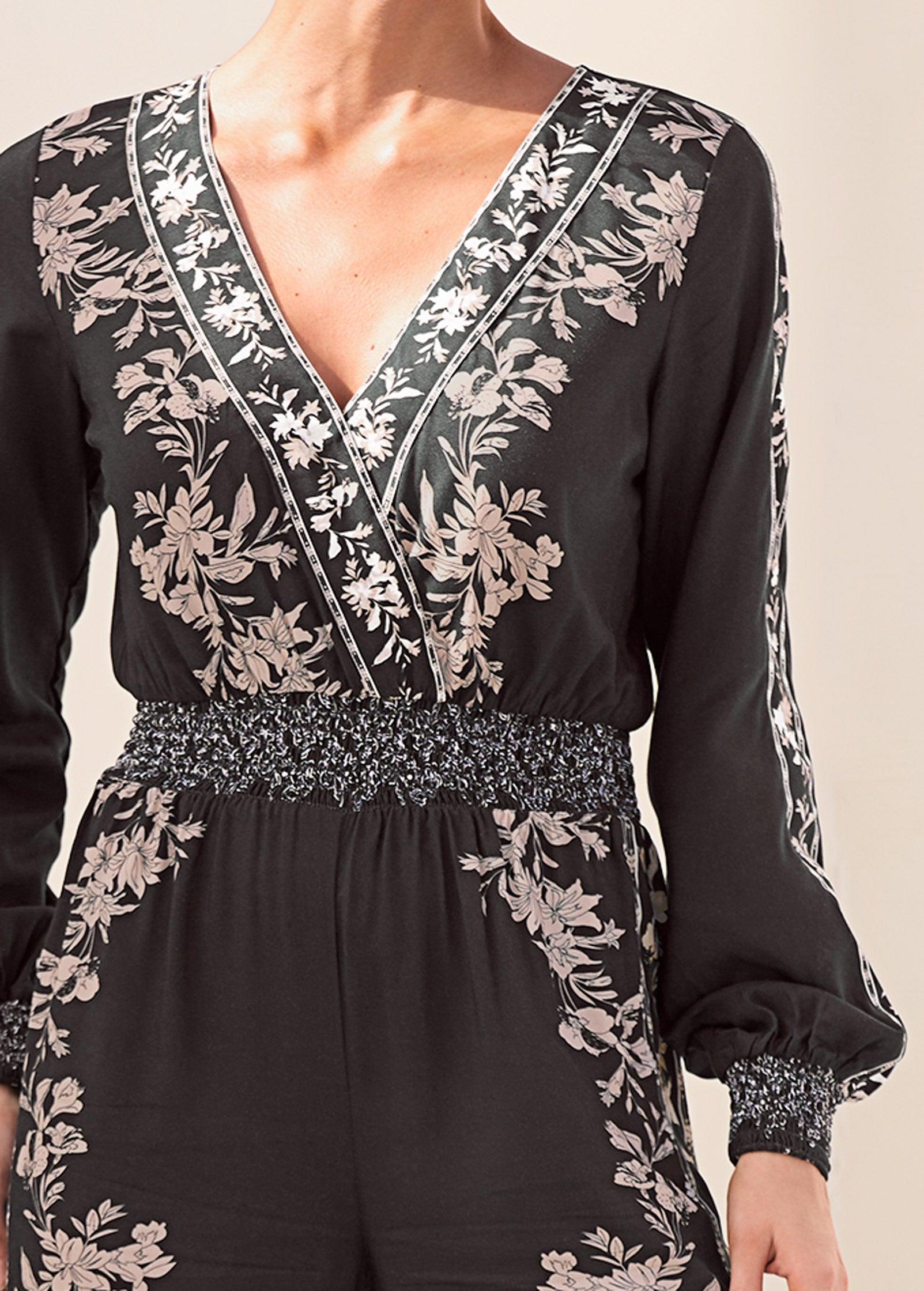 Leaf Print Smocked Jumpsuit - Black Multi Product Image