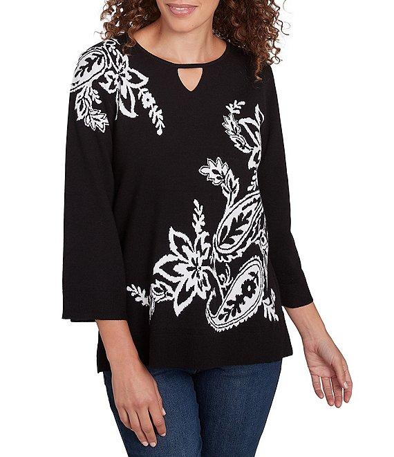 Ruby Rd. Jacquard Paisley Floral Keyhole Neck 3/4 Sleeve Sweater Product Image