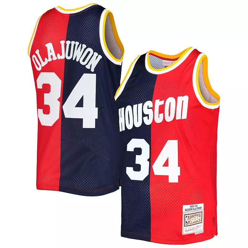 Men's Mitchell & Ness Hakeem Olajuwon Navy/Red Houston Rockets Hardwood Classics 1993-94 Split Swingman Jersey, Size: 2XL, Blue Product Image