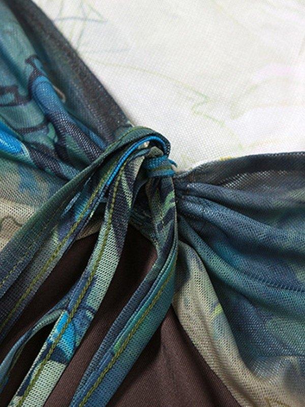 Tie Front Patchwork Mesh Long Sleeve Cropped Blouse Product Image