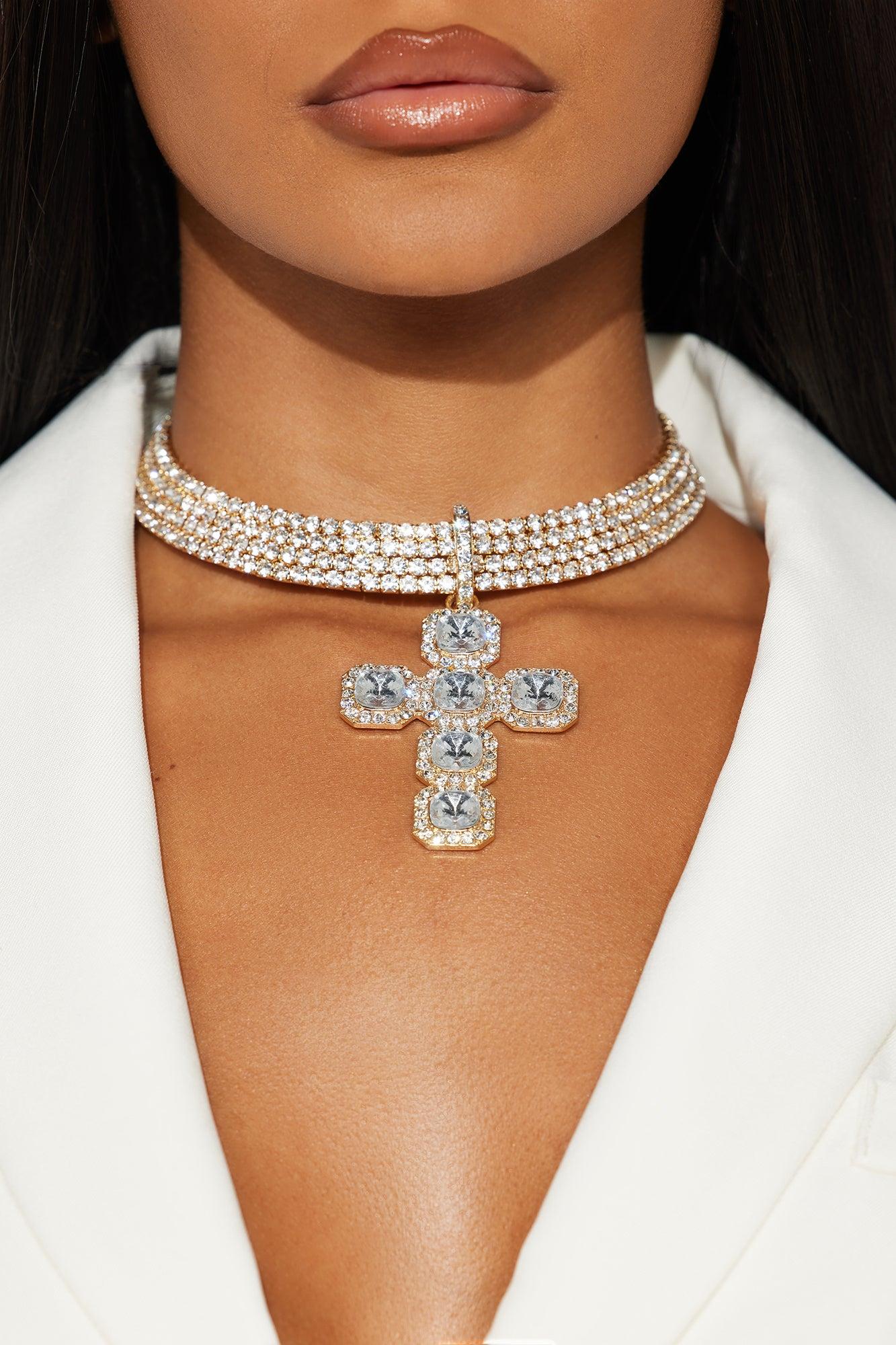 Saintly Shine Embellished Cross Choker Necklace - Gold Female Product Image