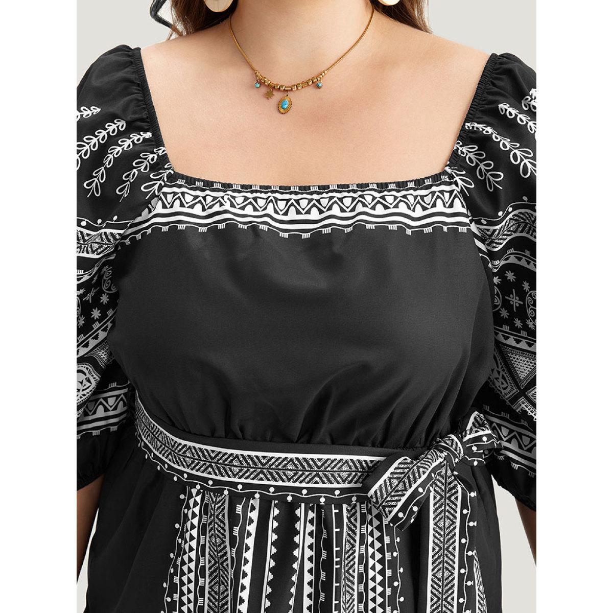 Plus Size Boho Print Square Neck Belted Dress Black Women Vacation Elastic cuffs Square Neck Elbow-length sleeve Curvy Midi Dress BloomChic 30/6X Product Image