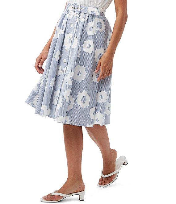 Trina Turk Mardi Cotton Blend Stripe Floral Print Belted A-Line Skirt Product Image