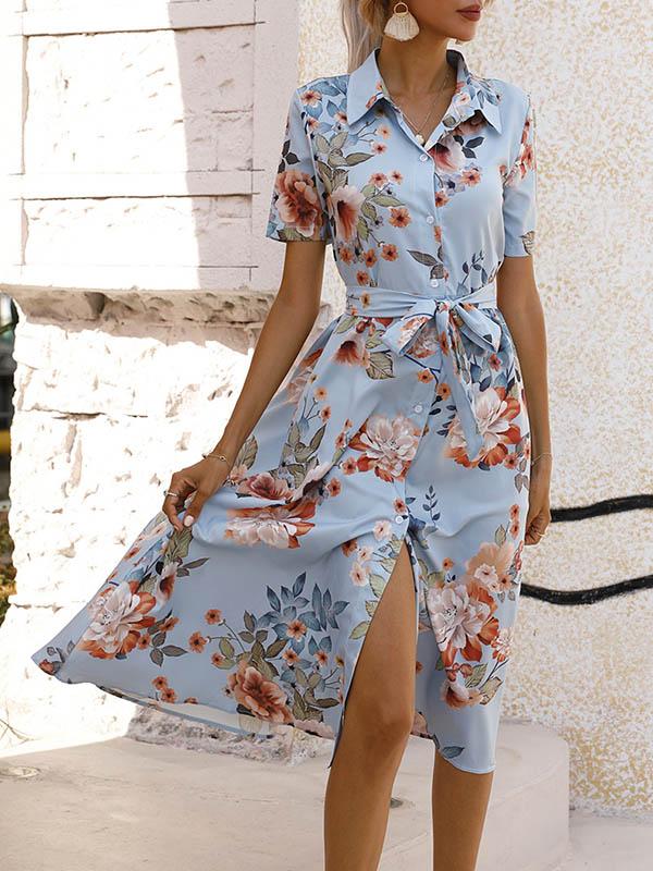 A-Line Loose Buttoned Flower Print Tied Waist Lapel Midi Dresses Product Image